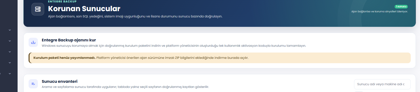 Entegre Backup korunan sunucular ekranı